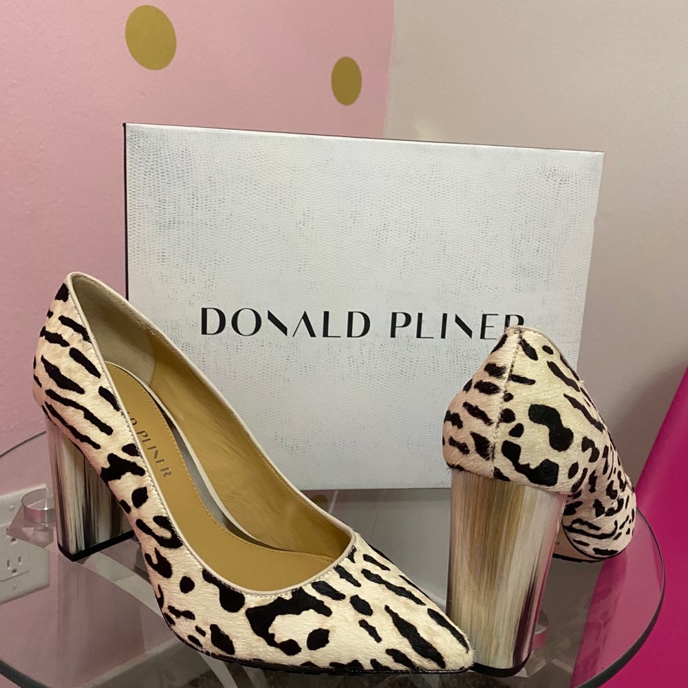 Donald J. Pliner Cream and Black Animal Print Block Heel Pumps